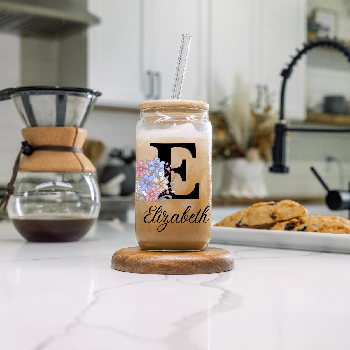 Custom Monogram Floral Glass Tumbler #2 - 16 oz