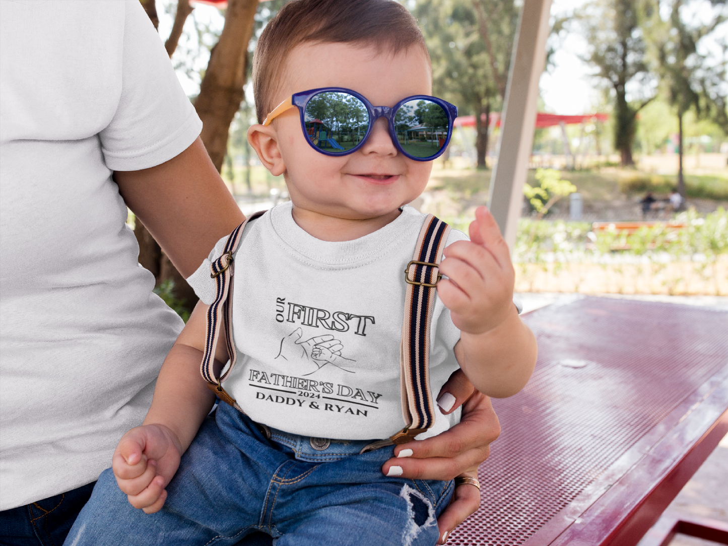 Custom Baby First Father's Day Hand T-Shirt - (White and Grey)