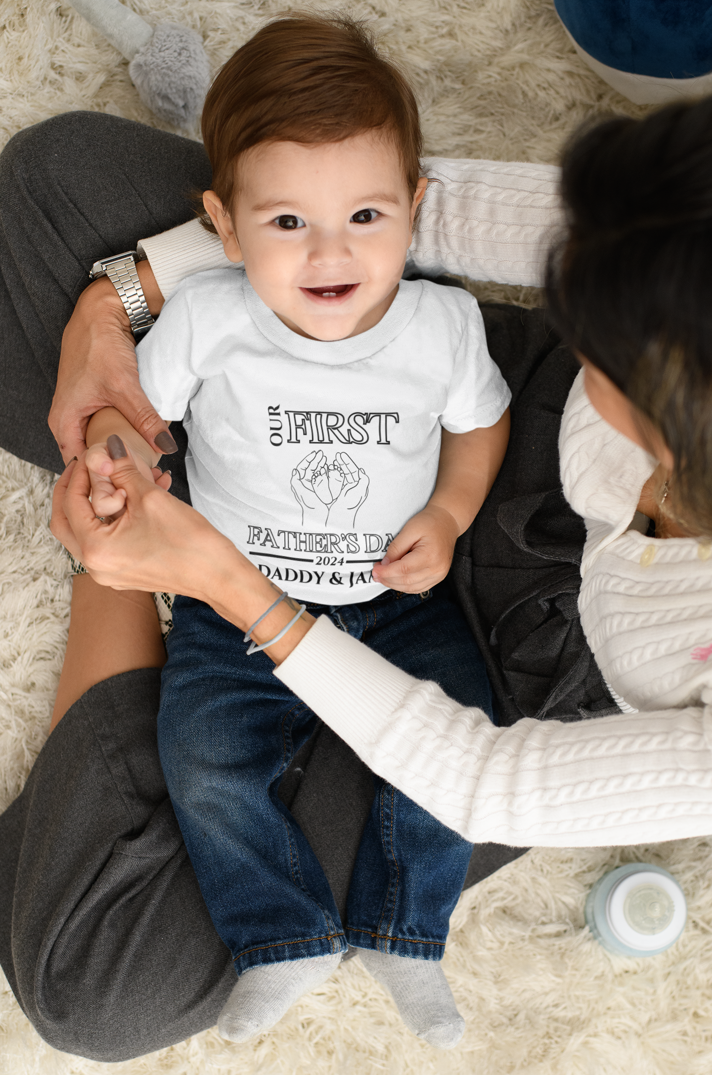 Custom Baby First Father's Day Holding Feet T-Shirt - (White)