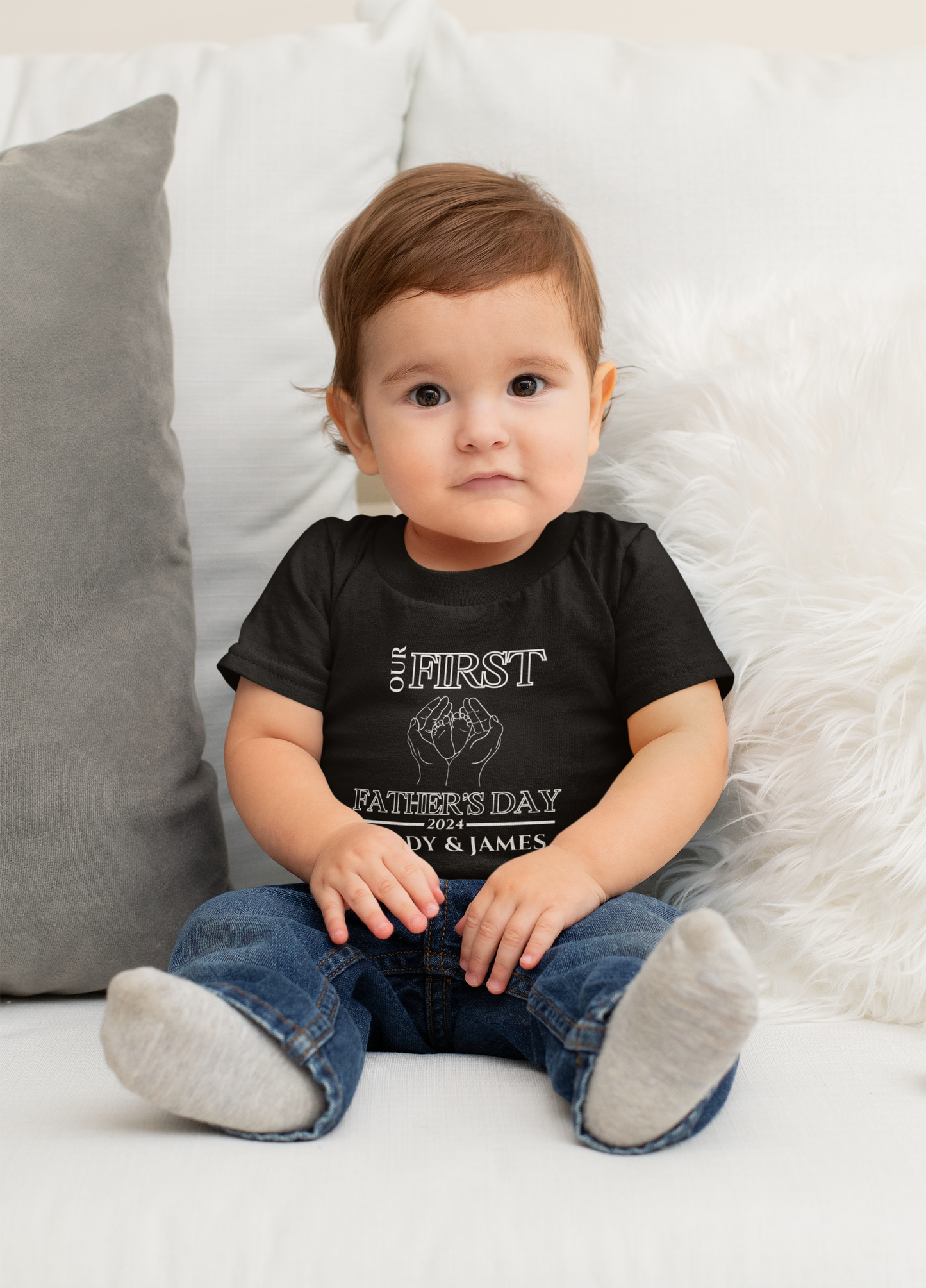 Custom Baby First Father's Day Holding Feet T-Shirt (Black)