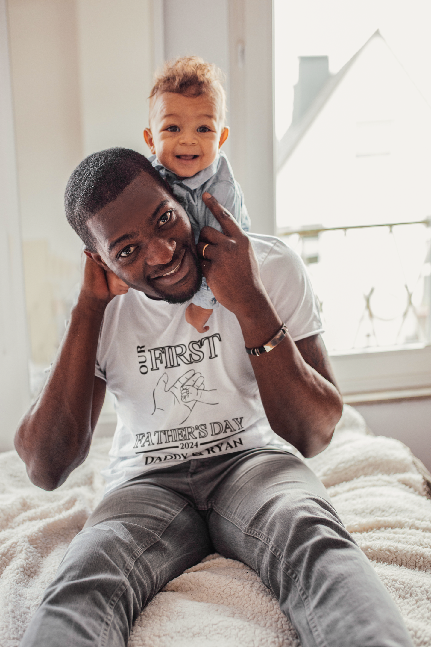 Custom First Father's Day Hand T-Shirt - (White and Grey) Bundle Set