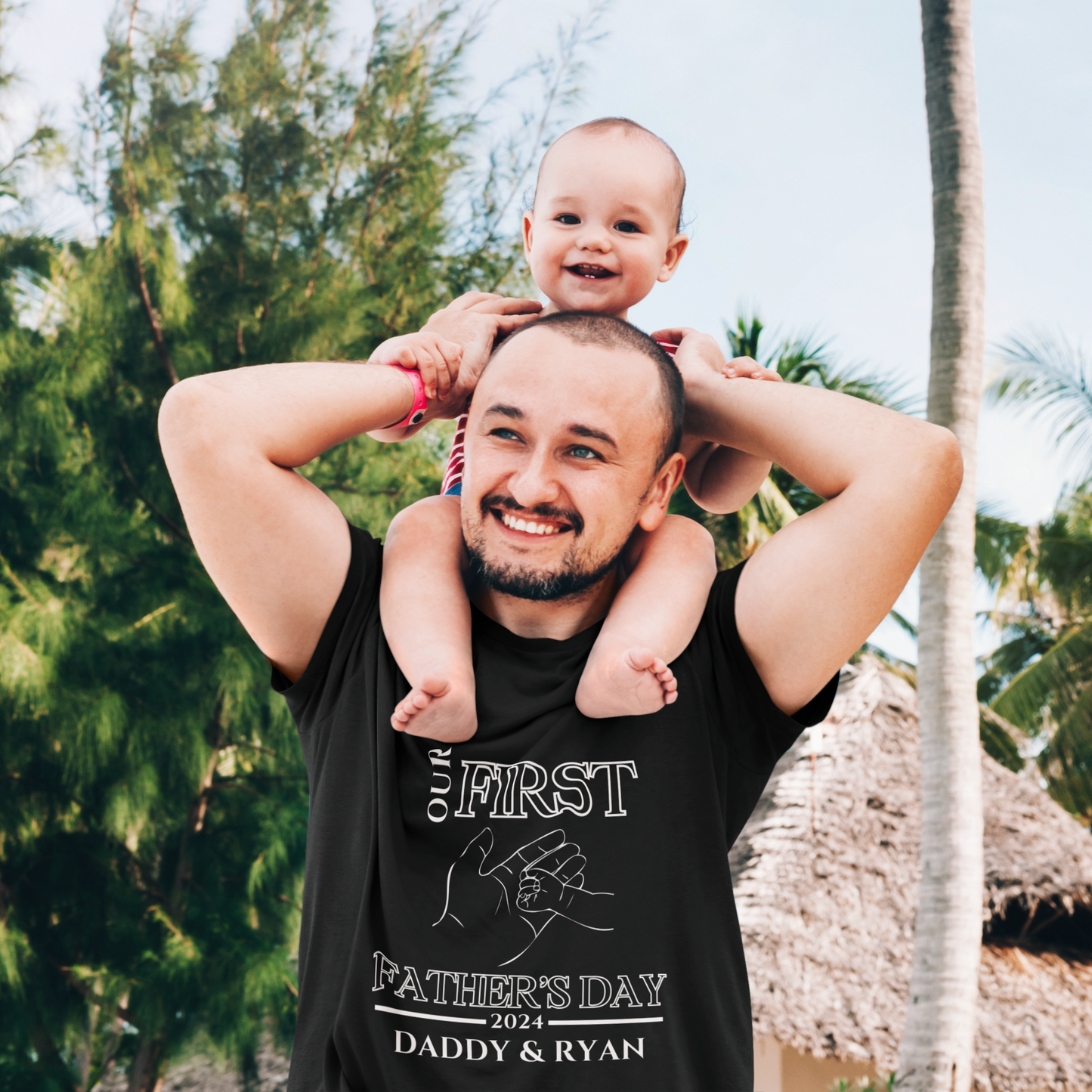 Custom First Father's Day Hand T-Shirt - (Black) Bundle Set