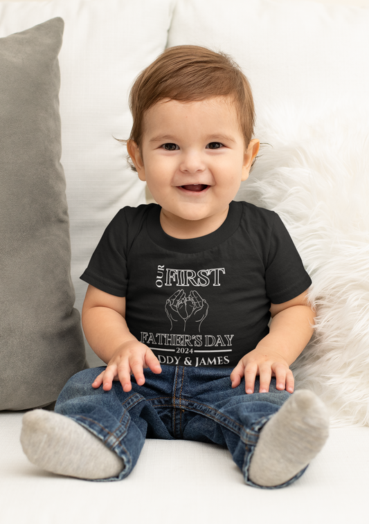 Custom Baby First Father's Day Holding Feet T-Shirt (Black)